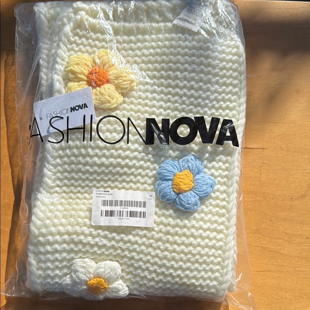Fashion Nova Cream Scarf with Blue and Yellow Floral Details
